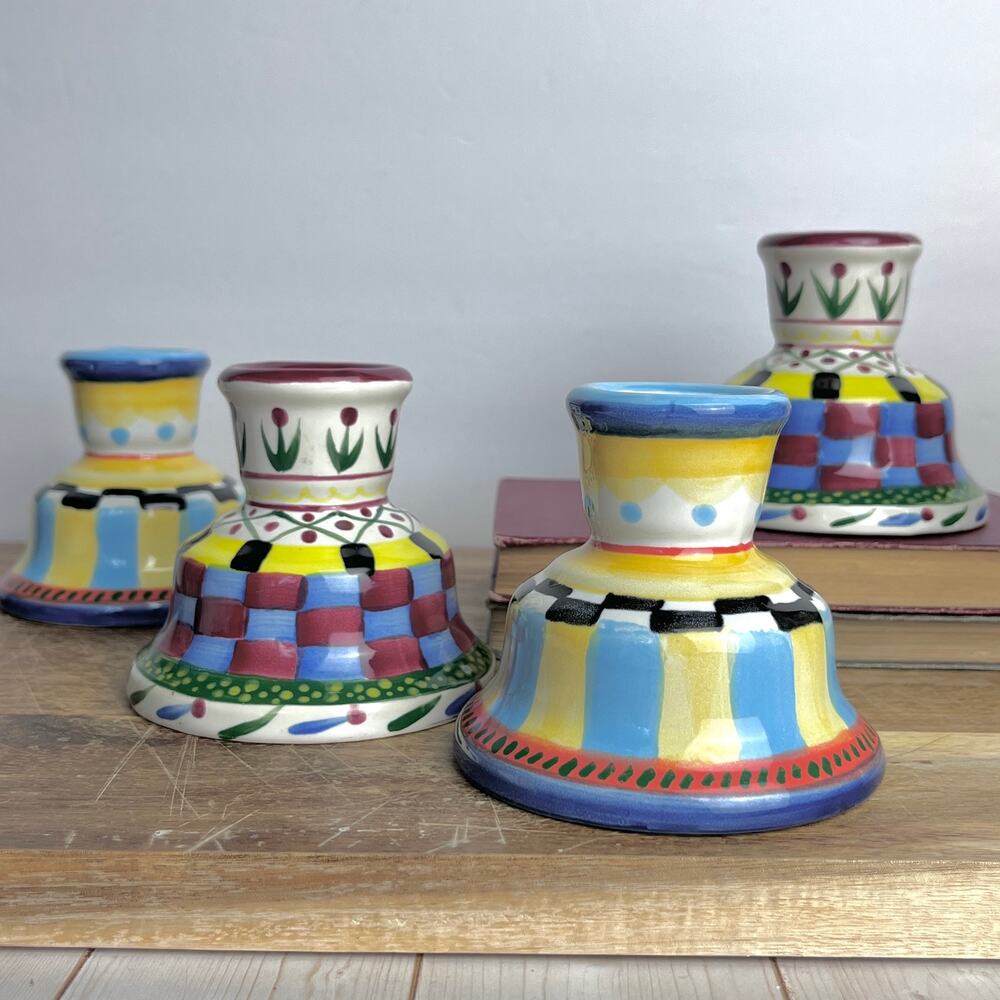 Lot of 4 Vintage Hand Painted Ceramic Candle Holders Whimsical Checkered Stripes